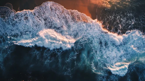 Golden sunset surf rolling gently onto a glowing shore.