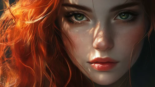 Fiery redhead portrait with luminous green eyes in shadow