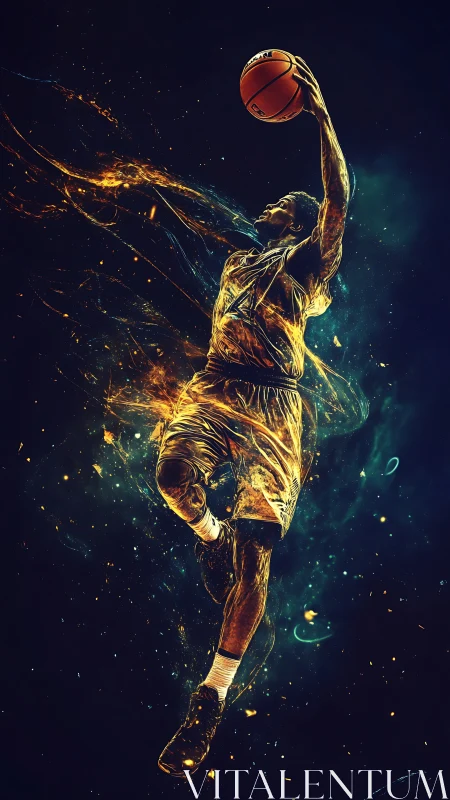 Digital illustration of dynamic basketball dunk motion.