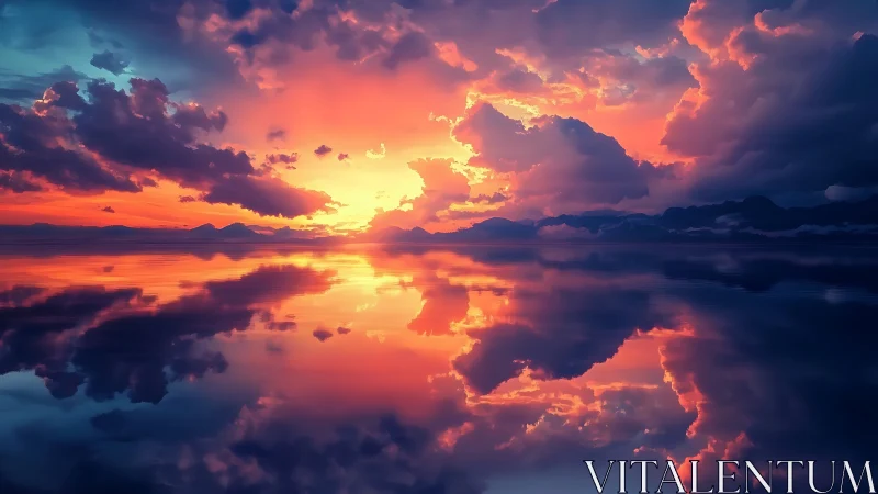 Sunset clouds mirrored over tranquil reflective water horizon.