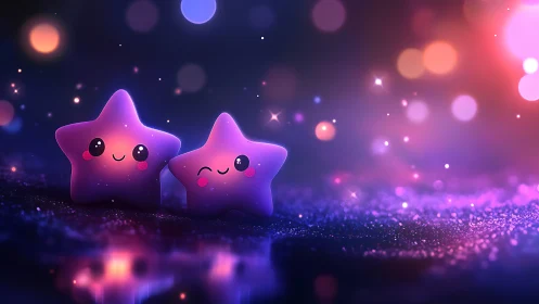 Cute glowing star friends share a dreamy cosmic moment.
