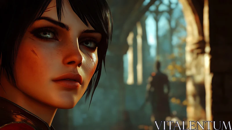 Warrior’s wary gaze in sunlit ruined cloister corridor.