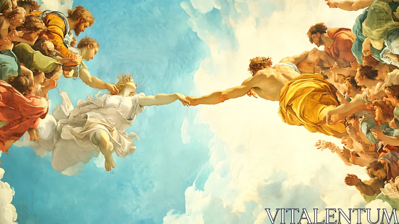 Ceiling fresco shows two central figures reaching across sky