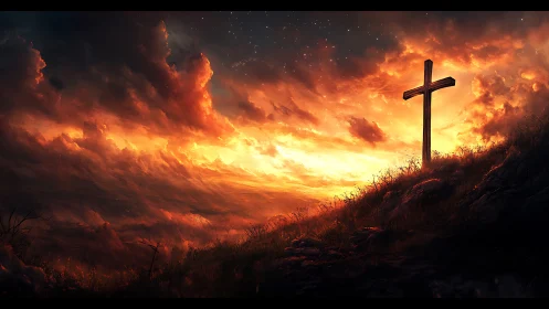 Lonely hilltop cross converses with a stormlit burning sky