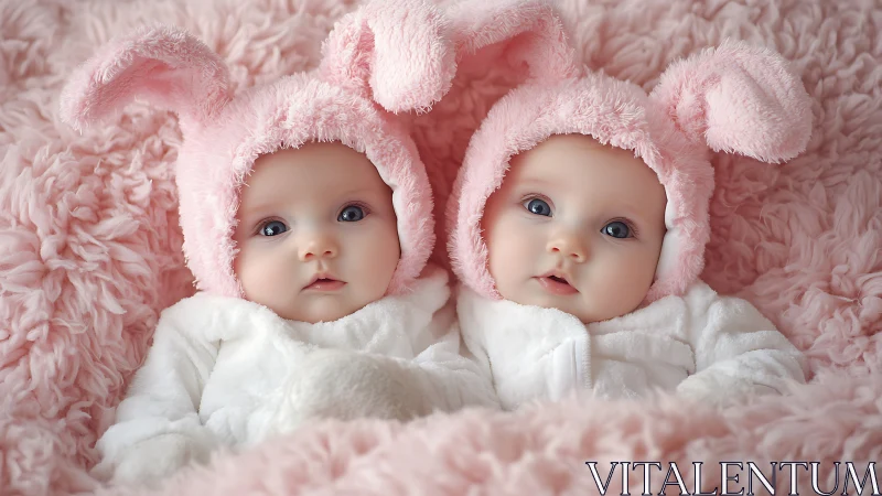 Twin infants in pink bunny hoods captured in soft pastel lighting