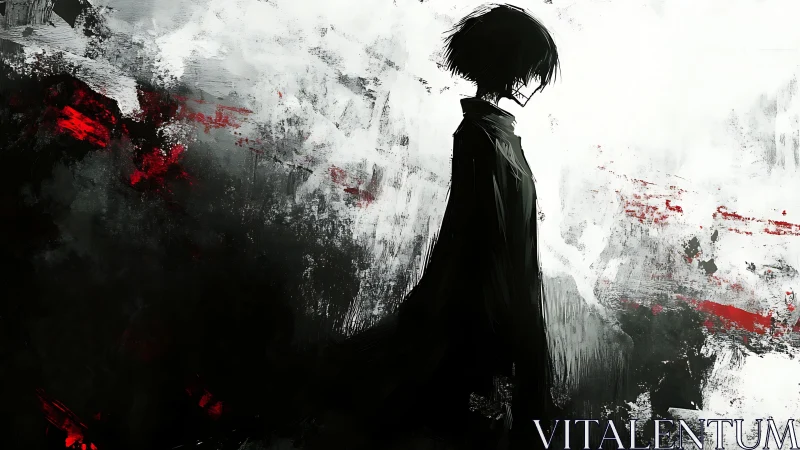 Silhouetted figure in high-contrast monochrome brushwork field