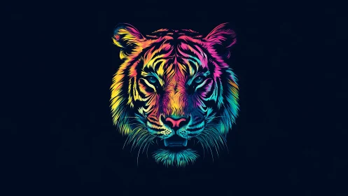 Neon gradient tiger portrait in centralized digital painting style.