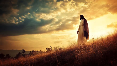 Golden evening walk shows a robed figure in quiet reflection