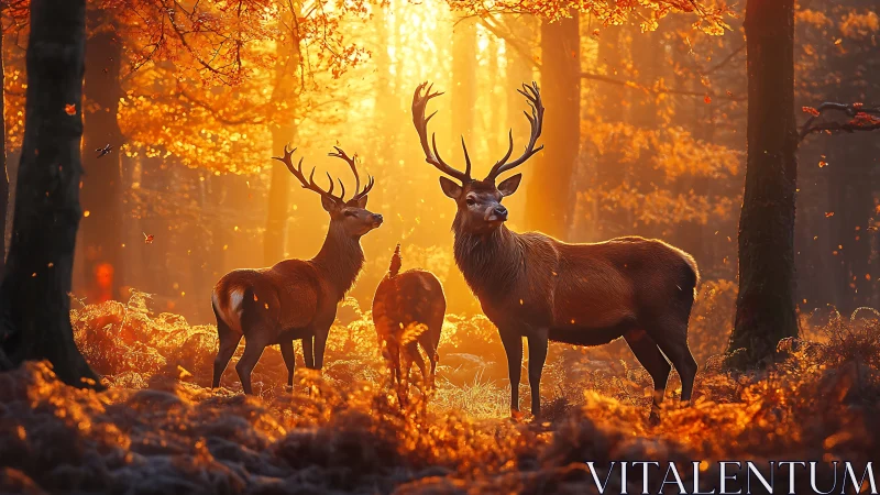 Autumn forest deer basking in golden sunrise magic together.