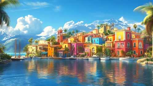 Mediterranean Coastal Villa Landscape with Snow-Capped Mountains