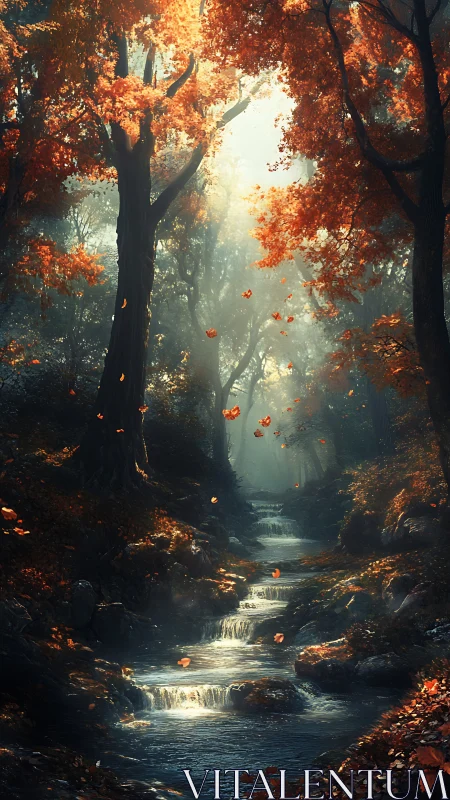 Autumn forest stream with cascading water and falling leaves