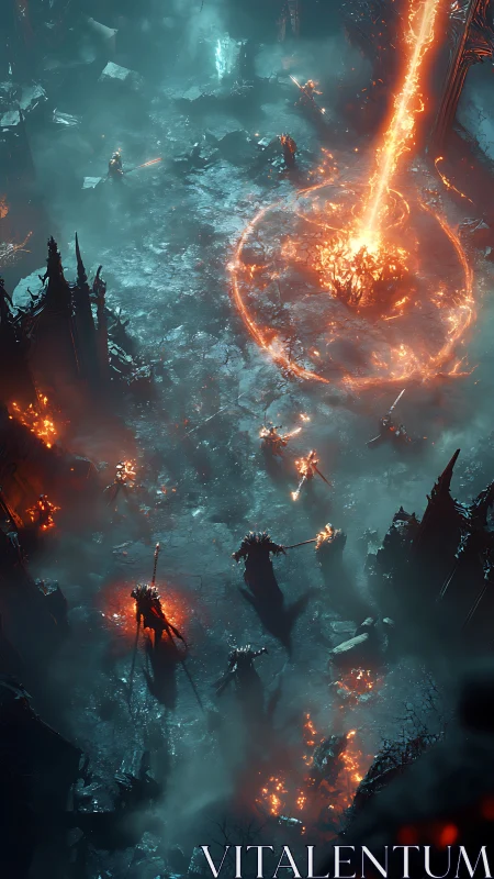 Infernal war circle ignites beneath a falling firestorm spell.