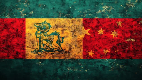 Grunge-textured heraldic flag design with mythic lion emblem.