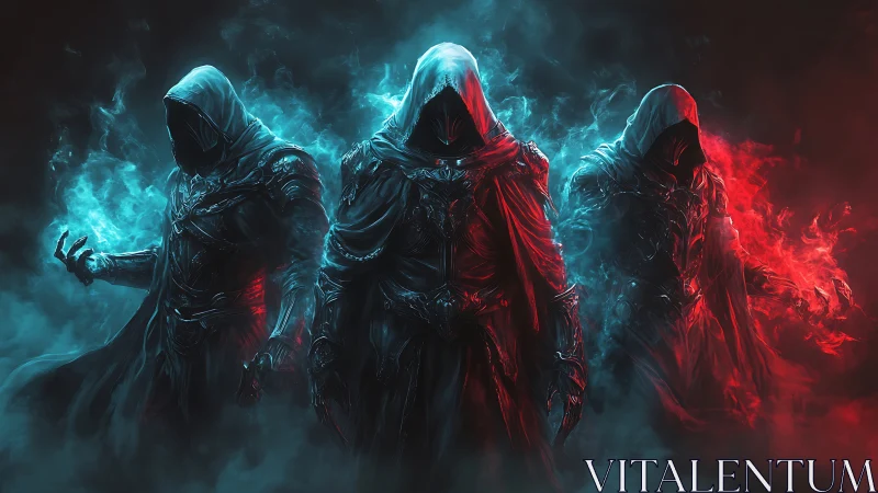 Triptych of spectral hooded warlocks in polarized neon aura.