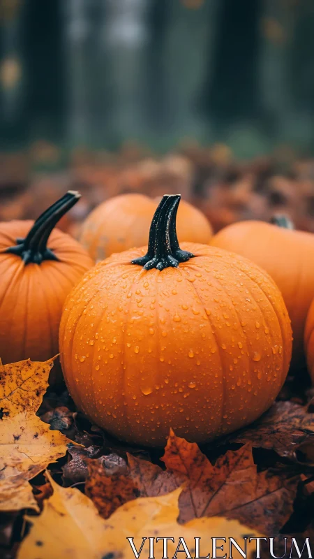 Rain-kissed pumpkin on autumn leaves in soft woodland depth.