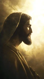 Side-lit robed figure rendered in warm volumetric golden haze