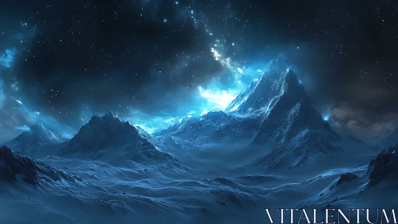 Icy mountain range under luminous night sky.