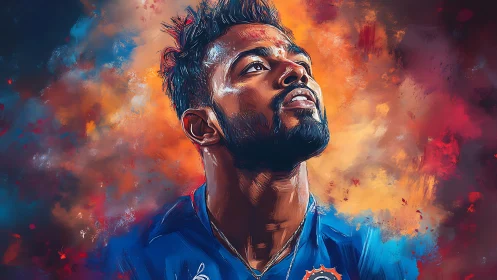 Male cricket player portrait in saturated digital painting.