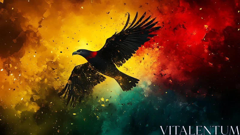 Majestic Black Eagle in Abstract Colorful Sky Digital Art.