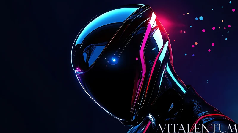 Futuristic helmeted figure under neon cyberpunk lights.