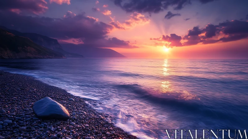 Sunset light reflects over calm pebbled shoreline