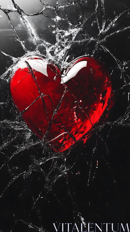 Red Heart Shattered by Impact. Broken love concept.