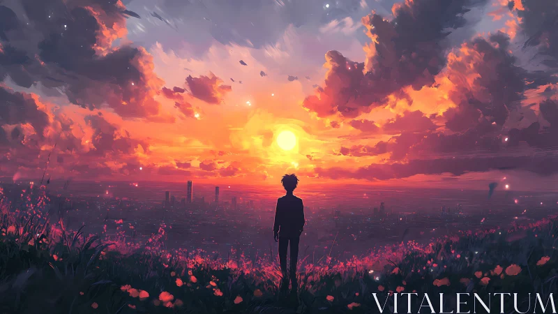 Digital painting skyline vista with silhouetted figure at sunset.