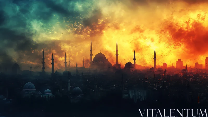 Fiery dusk sky gently crowns a silhouetted historic city