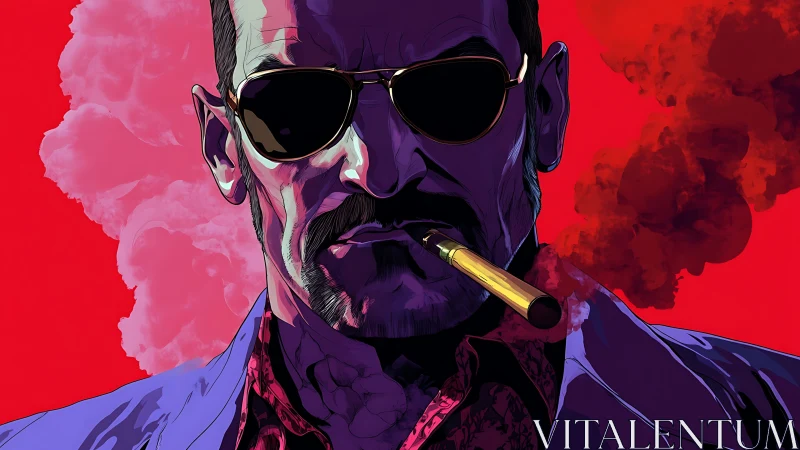 Chromatic antihero portrait with vapor plume and gold cigar.