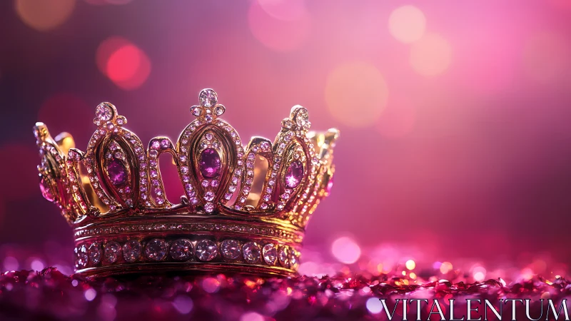 Ruby gold crown glows over glittered magenta bokeh field.