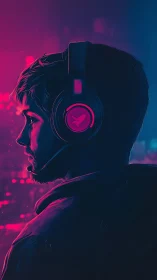 Neon midnight gamer locked in glowing cyber focus.