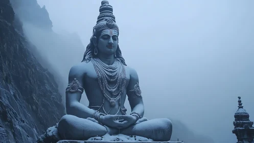 Majestic Shiva statue rests in calm misty mountain silence