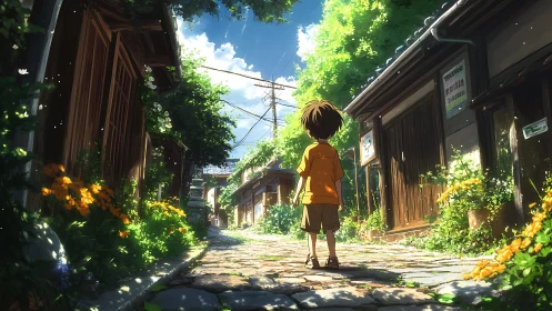 Child stands in sunlit alley between old wooden houses