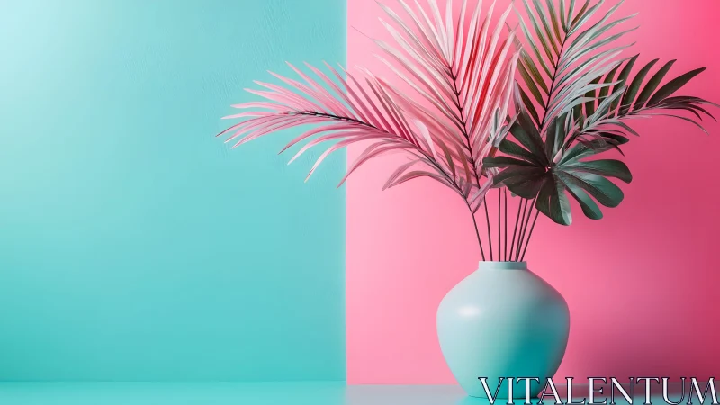 Modern pastel vase with tropical leaves on split color background.
