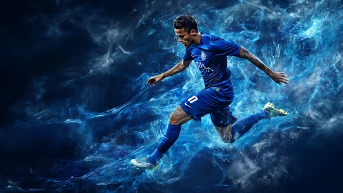 Digital illustration shows footballer in midair running pose