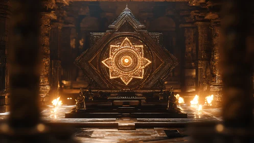 Geometric illuminated altar structure in stone chamber.
