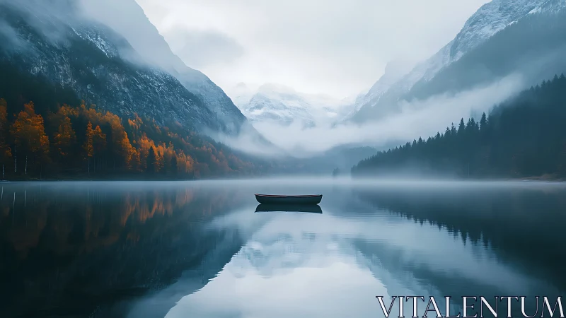 Lonely rowboat on misty mountain lake at autumn dawn.