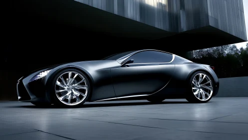 Low-angle hypercar rendering with matte body and chrome wheels