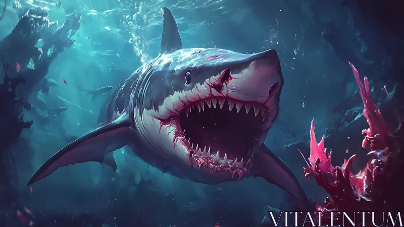 Fierce ocean shark surges forward in glowing teal depths.
