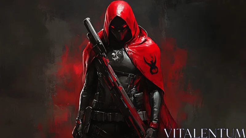 Hooded armed figure in red cloak against dark background.