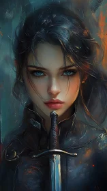 Warrior woman portrait with sword and intense teal eyes.
