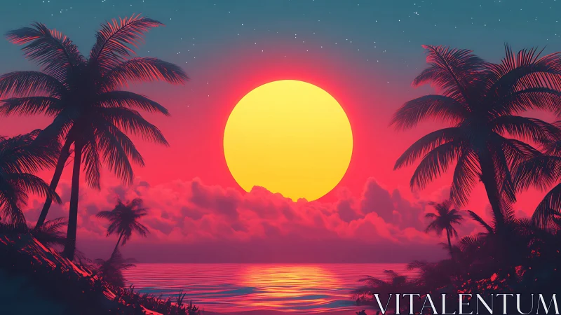 Chromatic tropical seascape with oversized solar disk rendering.
