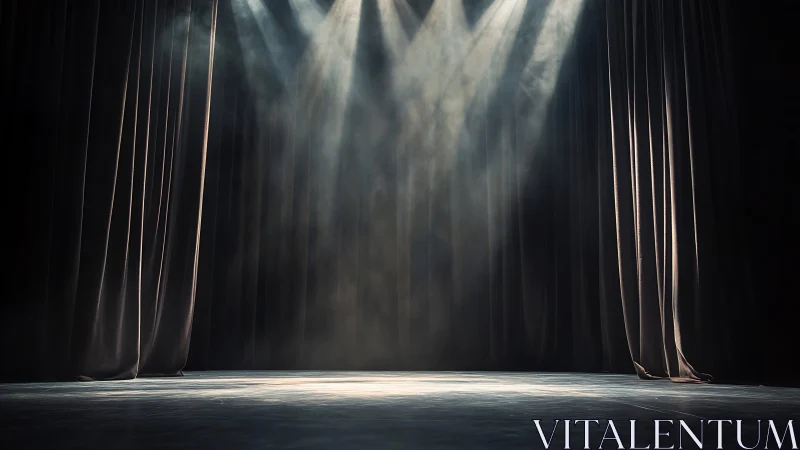 Empty theater stage with curtains under bright spotlights.