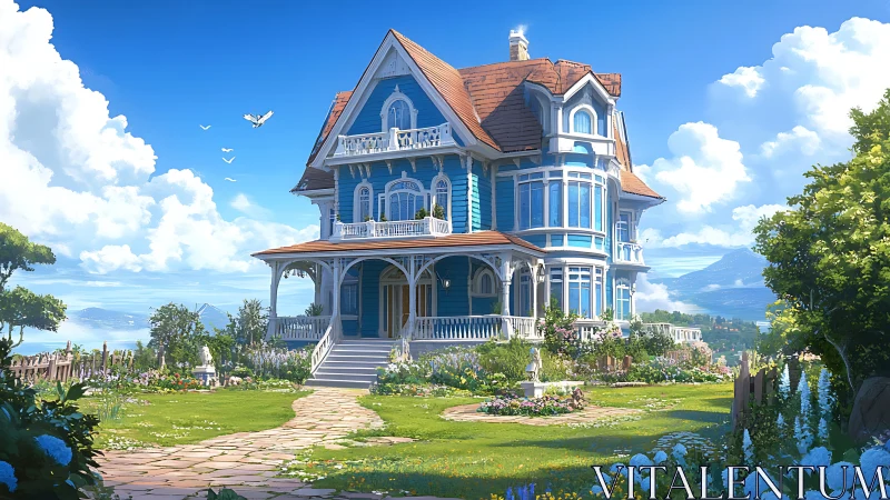 Sky-kissed blue manor basking in sunlit seaside dreams.