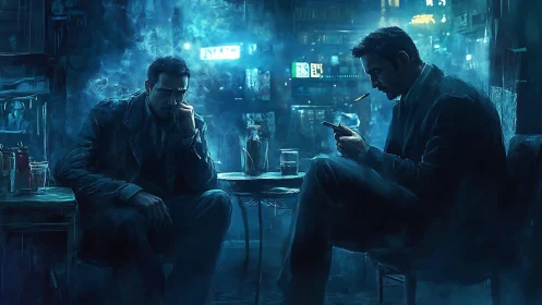 Two men in suits sit in moody blue neon city café at night.