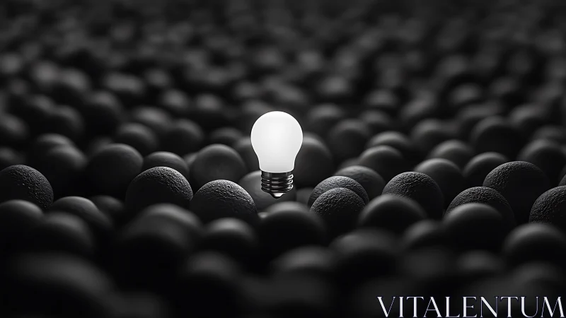 Photorealistic minimal bulb amid matte black spheres grid.