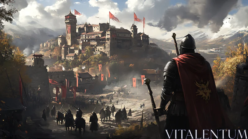 Medieval fortress city with assembled army under cloudy sky.