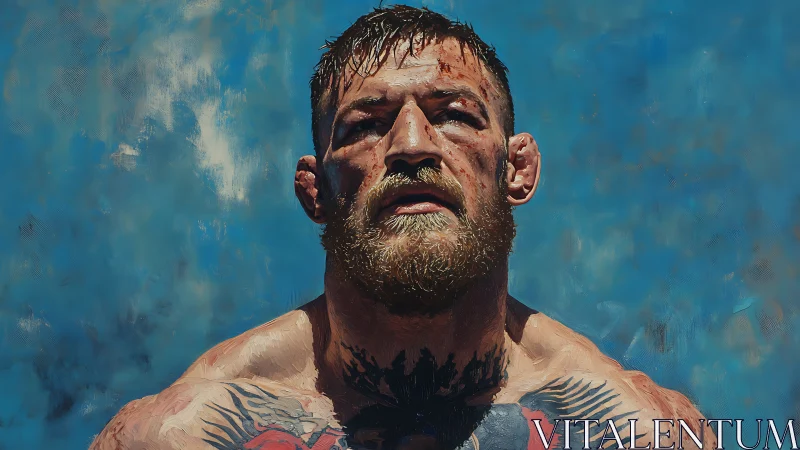 Bloodied fighter portrait under vivid blue sky backdrop.