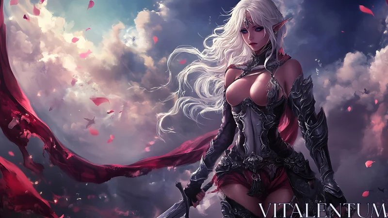 Armored elf warrior stands before turbulent clouded sky