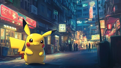 Neon alleyway with stylized Pikachu character integration.